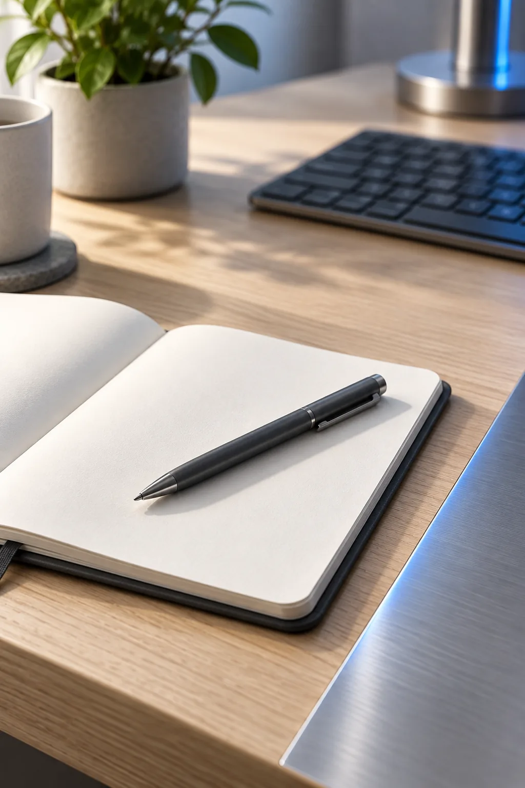 Carnet ouvert et stylo sur un bureau en bois, clavier et lampe en arrière-plan