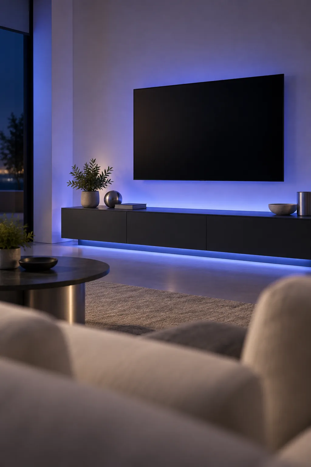 Salon moderne le soir, meuble TV avec éclairage LED bleu indirect