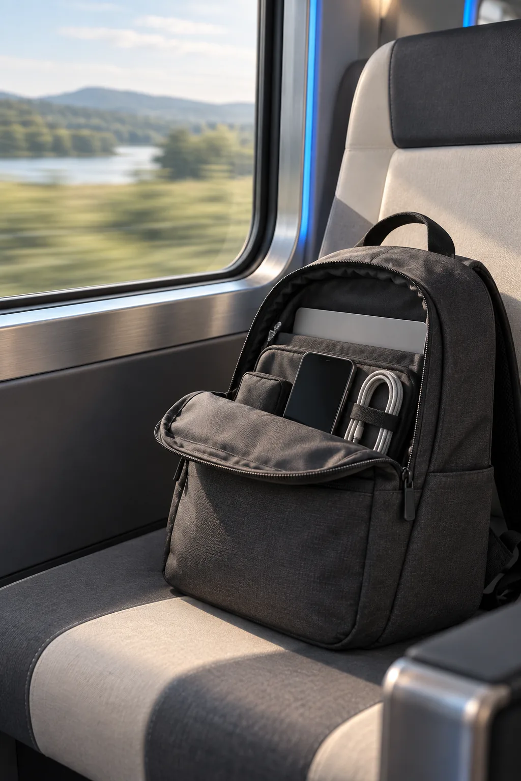 Sac à dos ouvert sur un siège de train avec ordinateur, smartphone et câbles rangés, paysage par la fenêtre